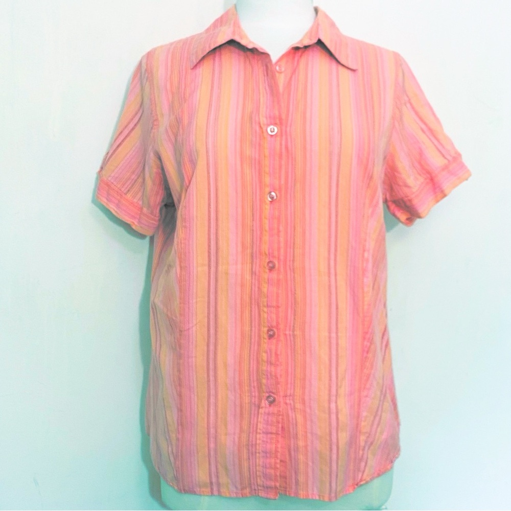 Avenue Cotton Short Sleeve Button Up Pink and Orange Striped Camp Shirt 14/16